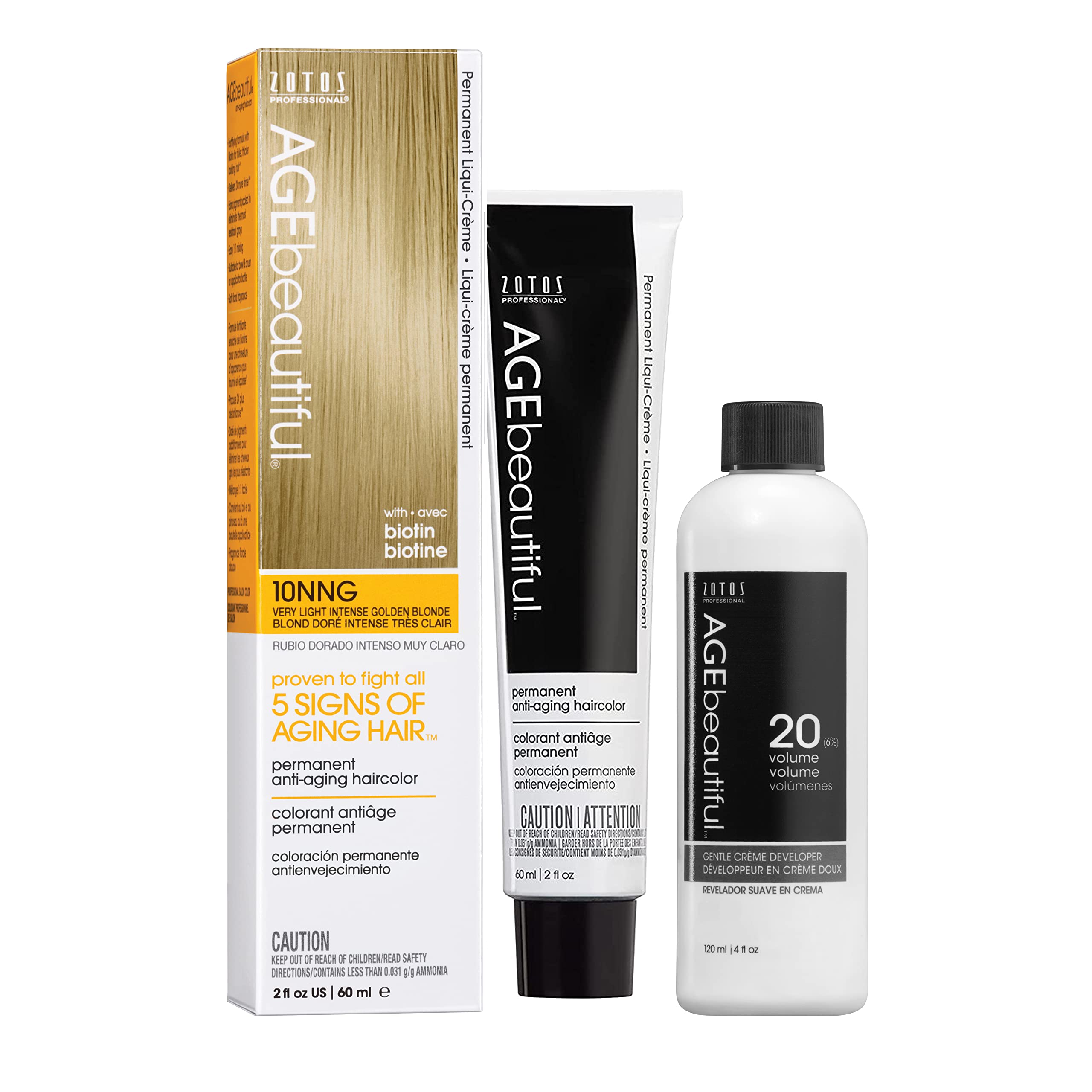 AGE beautiful Permanent Hair Color Dye Liqui Creme & Developer 20 Volume | 100% Gray Coverage | Anti-Aging | Biotin for Thicker,