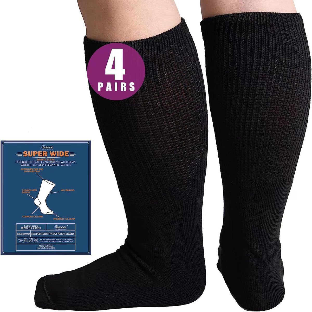 Bulinlulu Extra Width Socks for Swollen Feet-4 Pairs Extra Width Diabetic Wide Socks for Men, Extra Width Hospital Socks Diabeti
