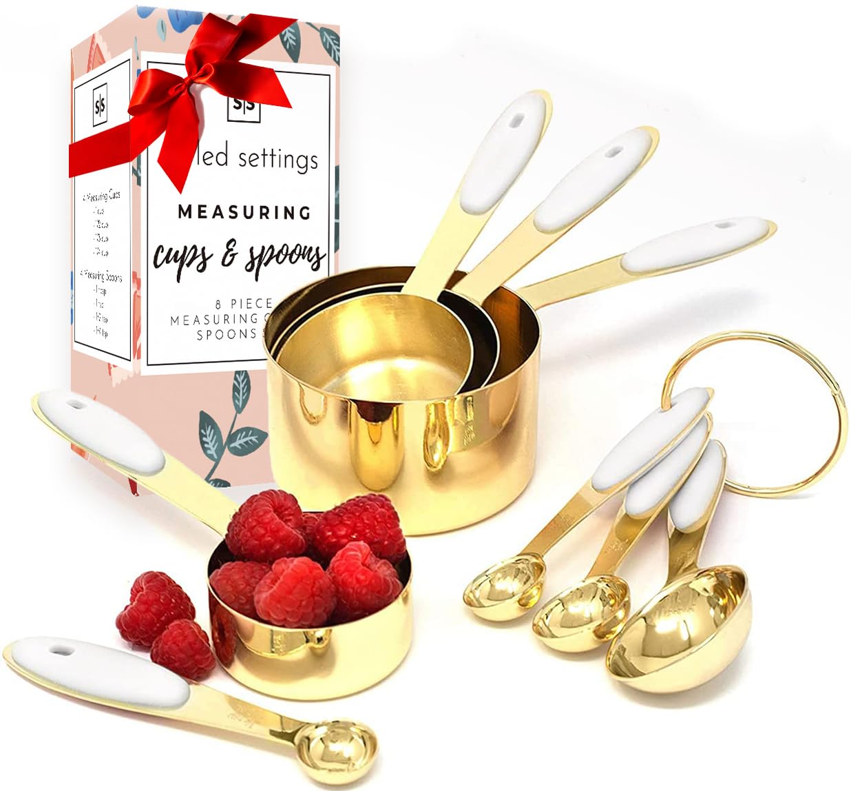 Styled Settings White and Gold Measuring Cups and Spoons Set - Cute Measuring Cups - 8PC Gold Stainless Steel Measuring Cups and Gold Measuring 