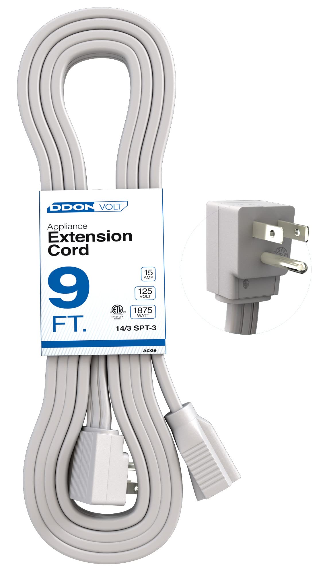 ddon usa Appliance Extension cord - 9ft Heavy Duty gray Extension Wire for Air conditioner, Refrigerator,  All Major Appliances - 14 gaug