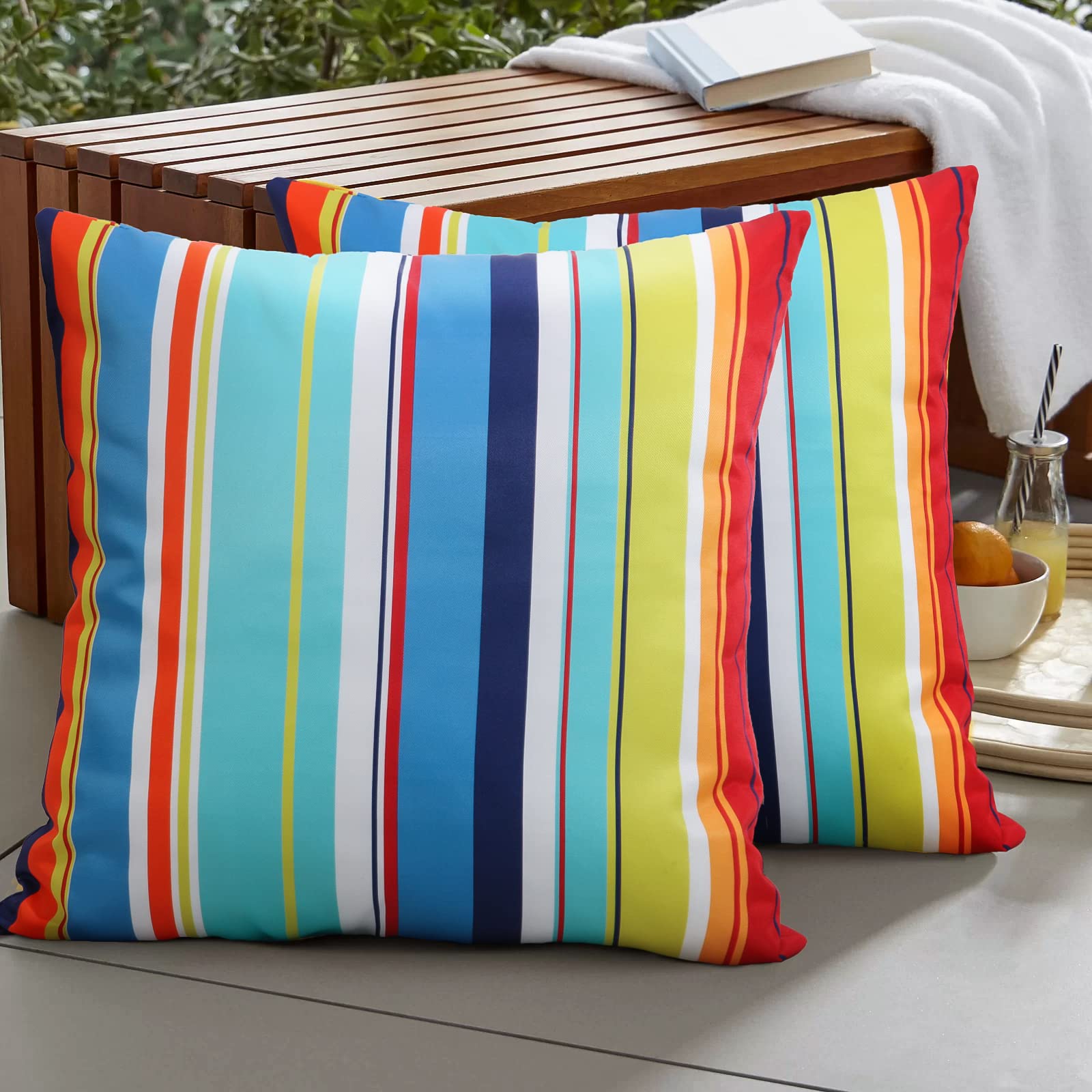 cygnus 18x18 Inch Colorful Stripe Throw Pillow Covers with Zipper Outdoor Waterproof for Patio Furniture Outside Decor Set of 2