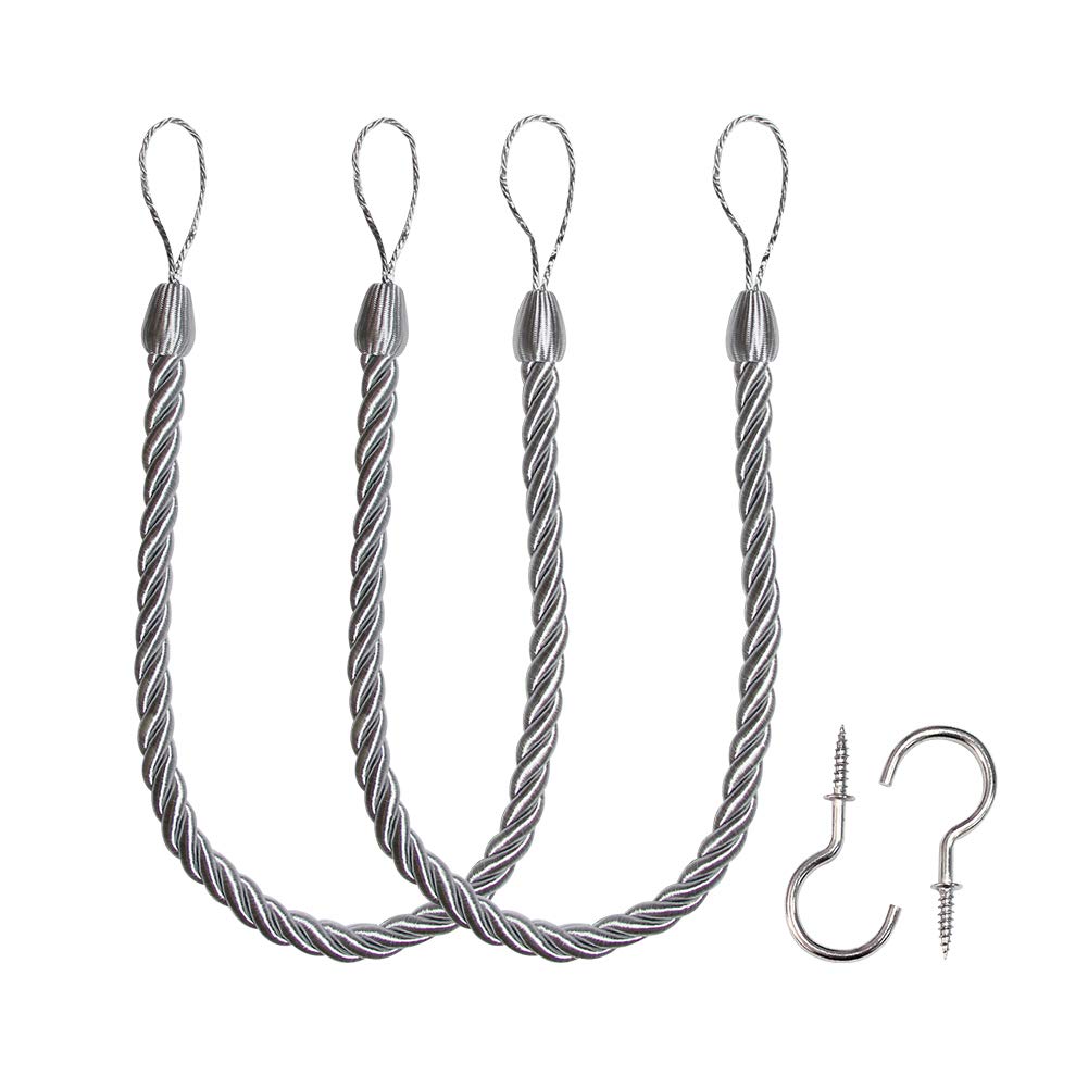 BEL AVENIR curtain Ropes Tiebacks Tie-Backs, curtain Handmade Holdbacks with 2 Metal Screw Hooks - Silver 2 Pack