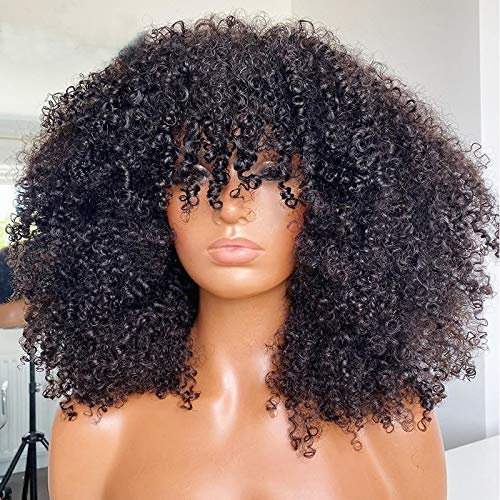 ARUKIHAIR Afro Kinky Curly Wig With Bangs Full Machine Made Scalp Top Wig 200 Density Virgin Brazilian Short Curly Human Hair Wi