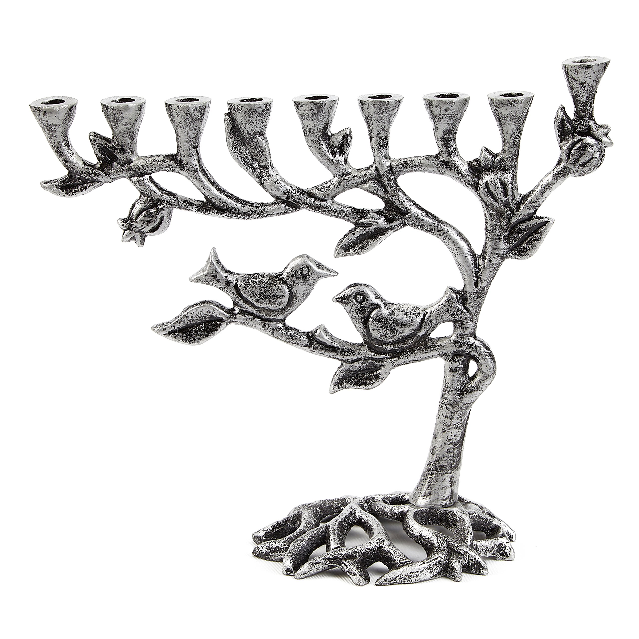Ner Mitzvah Vintage Aluminum Candle Menorah - Fits All Standard Chanukah Candles - Tree of Life Design with Antique Silver Finish - by Ner M