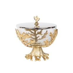 Godinger Decorative Serving Bowl Centerpiece Serveware Golden Branch Glass with Lid - 6.5 Inches