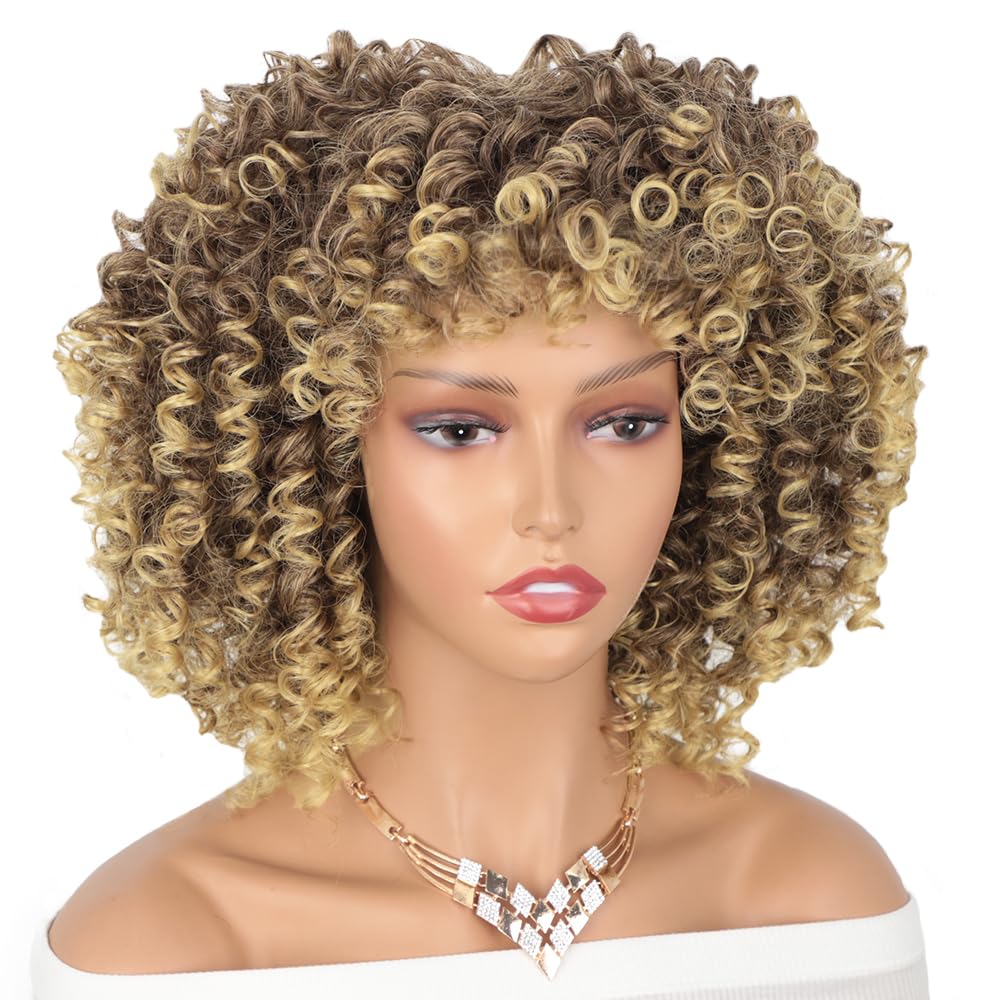 AISI HAIR Afro Curly Hair Wigs with Bangs Brown Blonde Mixed Wig Shoulder Length Curly Wigs for Black Women Synthetic Fiber Kink