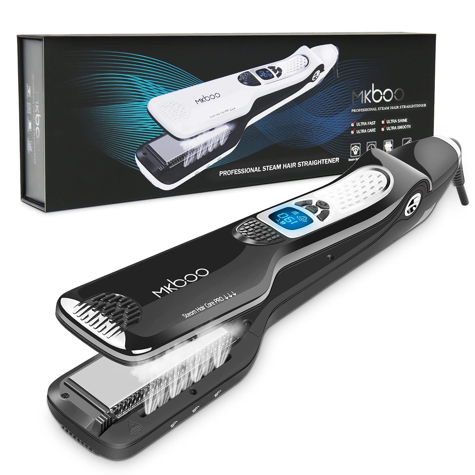 MKBOO Hair Straightener with Steam, Salon Professional Nano Titanium Ceramic Steam Flat Iron with Removable Comb+Digital LCD+5 L