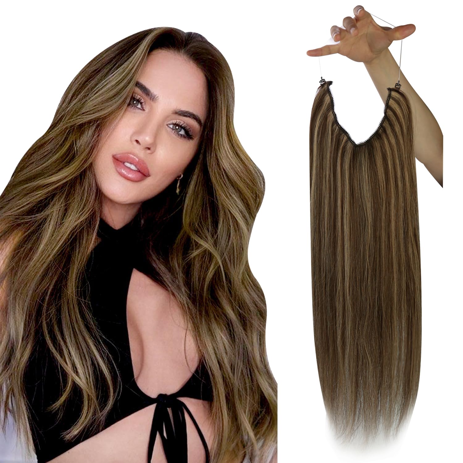 Sunny Hair Sunny Wire Hair Extensions Highlight Couture Wire Human Hair Extensions Dark Brown Mix Caramel Blonde Highlights Invisible Wire 