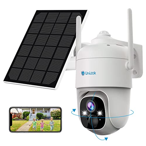 Unilook Wireless Security Camera Outdoor, 2K Solar Powered Camera 2.4G WiFi, Pan & Tilt PTZ 3MP Full Color Night Vision, AI PIR 