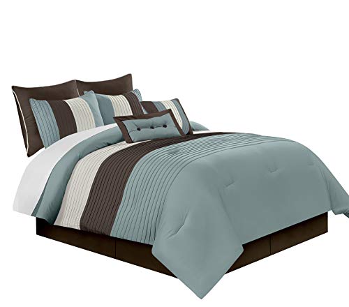 Chezmoi Collection 8-Piece Luxury Striped Comforter Set (Blue/Brown/Beige, Full)
