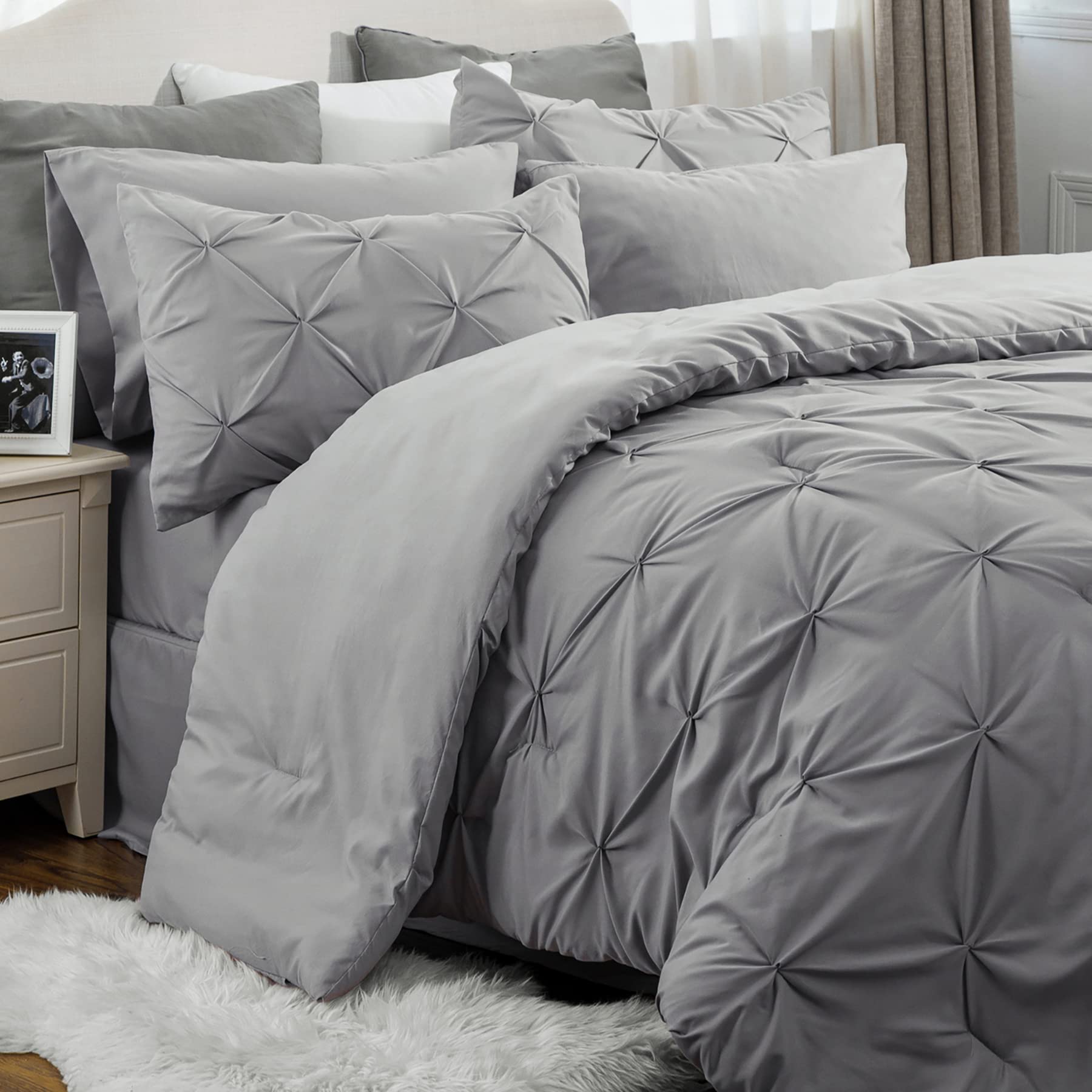 Bedsure Queen Comforter Set - 7 Pieces Comforters Queen Size Grey, Pintuck Bedding Sets Queen for All Season, Bed in a Bag with 