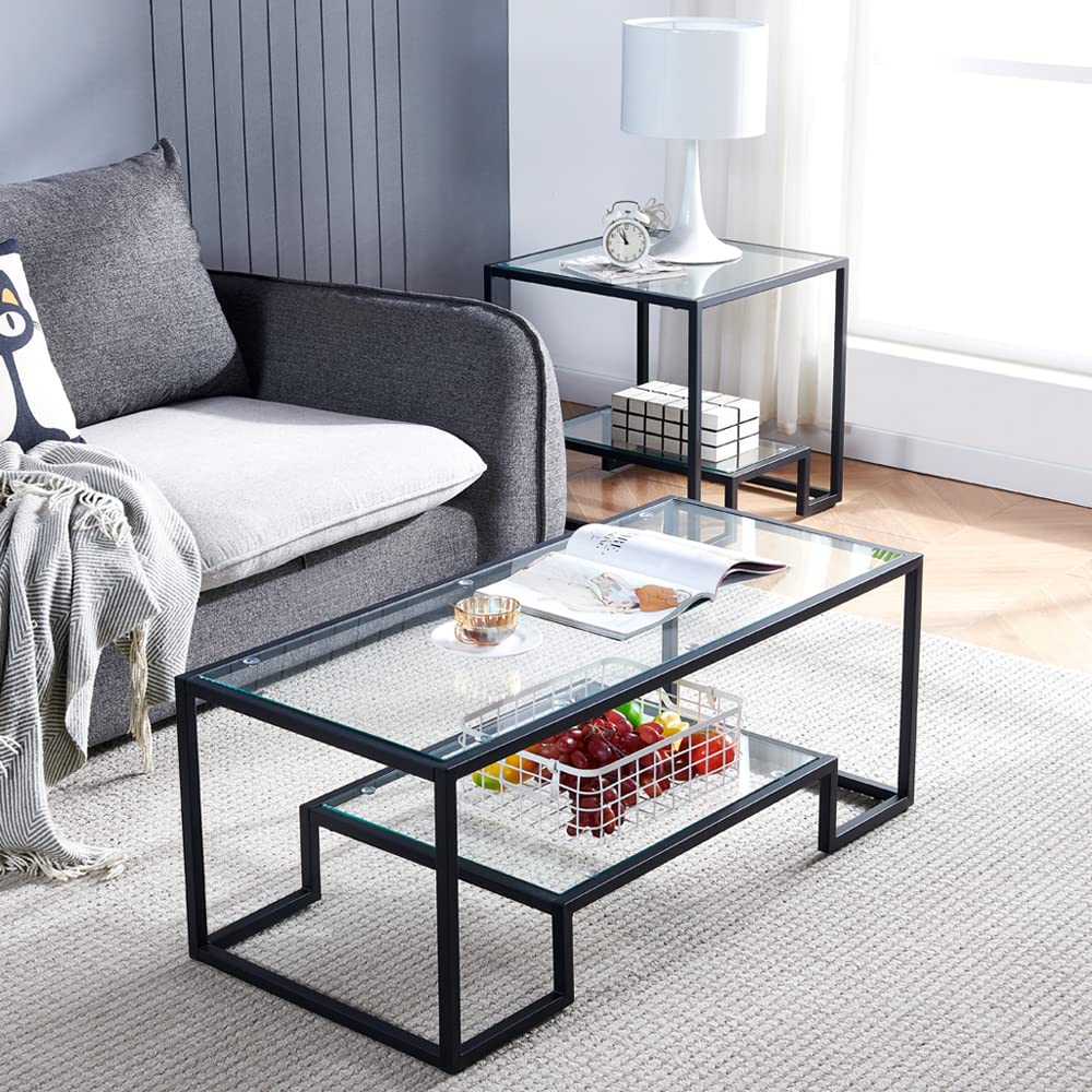 Simple Black Metal & Glass Coffee Table with 2 Shelves - Modern Living Room, Bedroom, Office Decor
