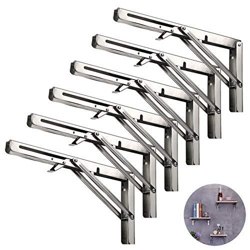 Foozet Folding Shelf Brackets 16 Inch, Heavy Duty Stainless Steel Collapsible Hinges Wall Mounted Angle L Bracket for Floating Shleves 