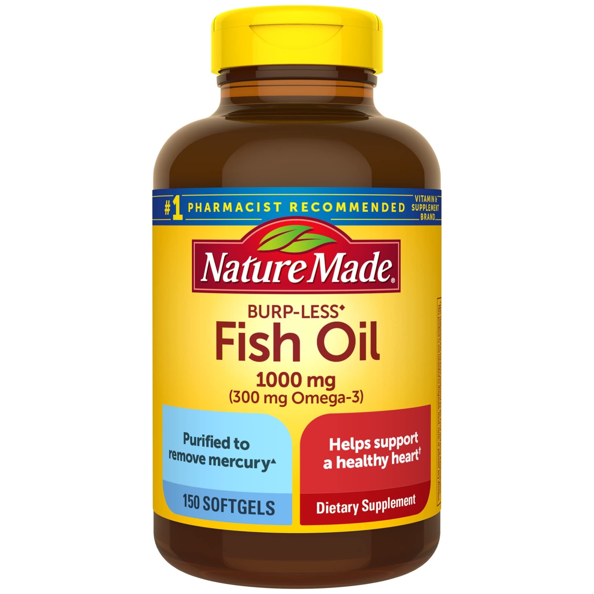 Nature Made Burp Less Fish Oil 1000 mg Softgels, Omega 3 Fish Oil Supplements for Healthy Heart Support, Omega 3 Supplement with