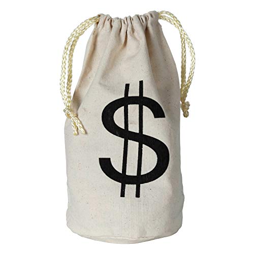 Beistle Fabric Drawstring Money Bag Pouch with Dollar Sign for Casino Night Theme Party Favors, 8.5" x 6.5", Natural/Black