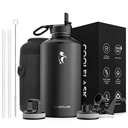 Coolflask Gallon Water Bottle Insulated with Straw&3 Lids, Coolflask 128 oz Water Jug Large Stainless Steel Metal Vacuum Wide Mouth for Sp