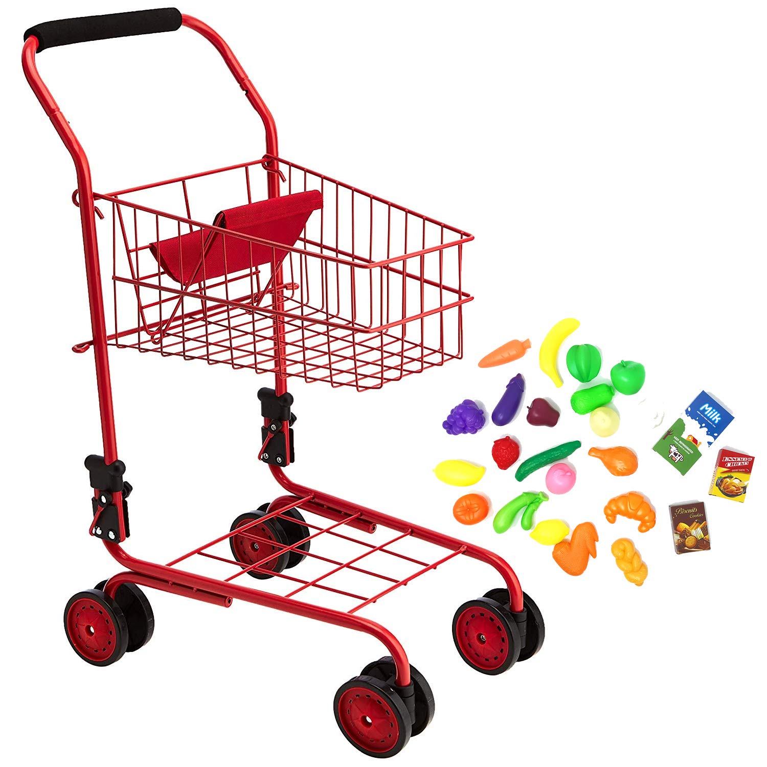The New York Doll Collection Toy Shopping Cart for Kids and Toddler - Includes Food - Folds for Easy Storage - with Sturdy Metal