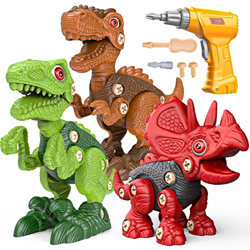 Sanlebi Toy for 4 5 6 7 Year Old Boys Take Apart Dinosaur Toys for Kids Building Toy Set with Electric Drill Construction Engine