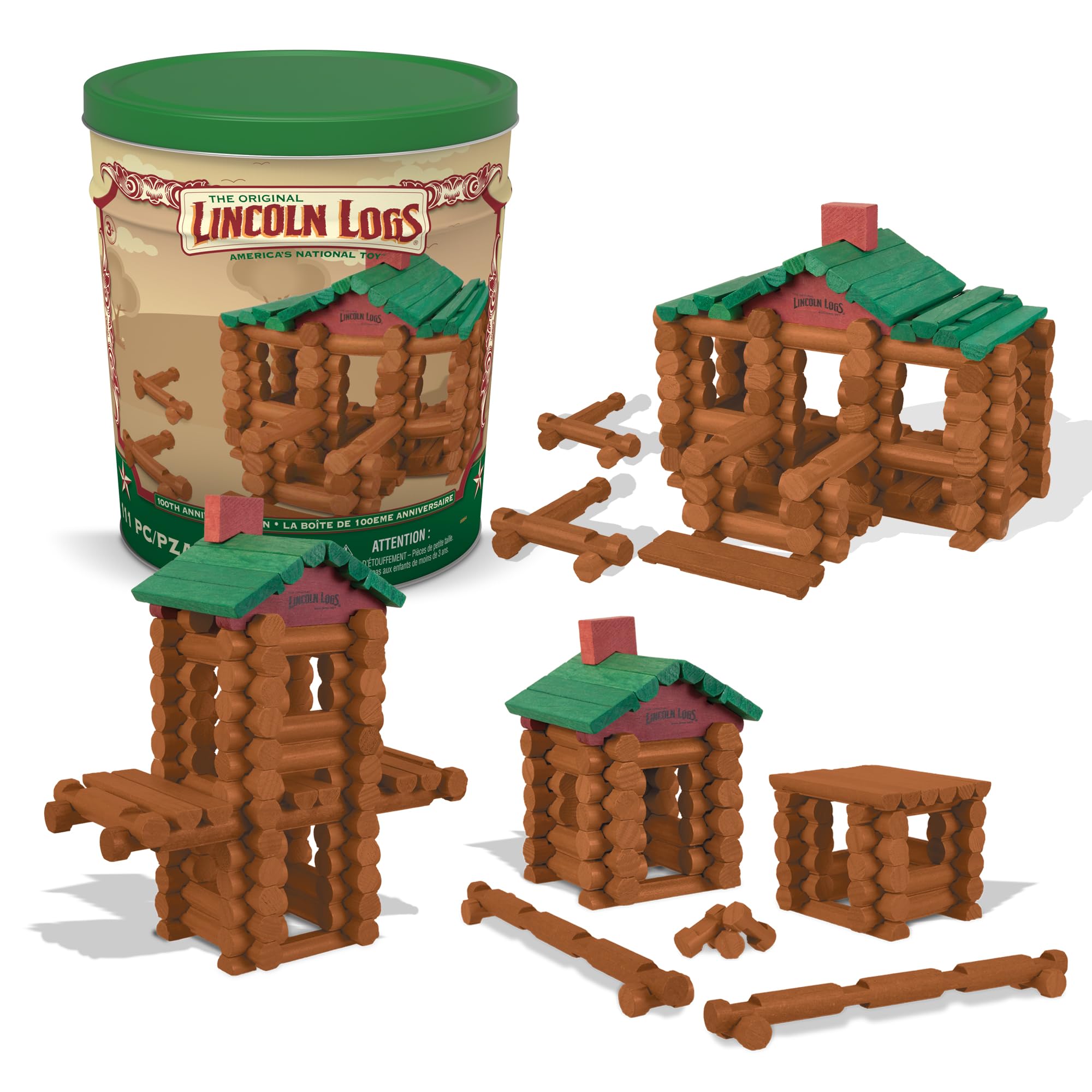 Lincoln Logs 100th Anniversary Tin, 111 Pieces, Real Wood Logs