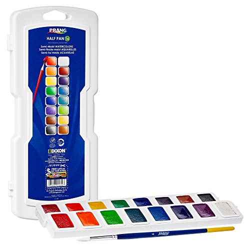 Prang Half Pan Watercolor Paint Set with Brush and Lid, Refillable, 16 Assorted Colors, (01600), 18 Piece Set