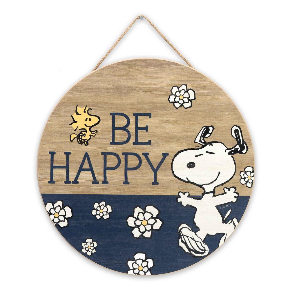 Open Road Brands Peanuts Snoopy Be Happy Round Hanging Wood Wall Decor ...