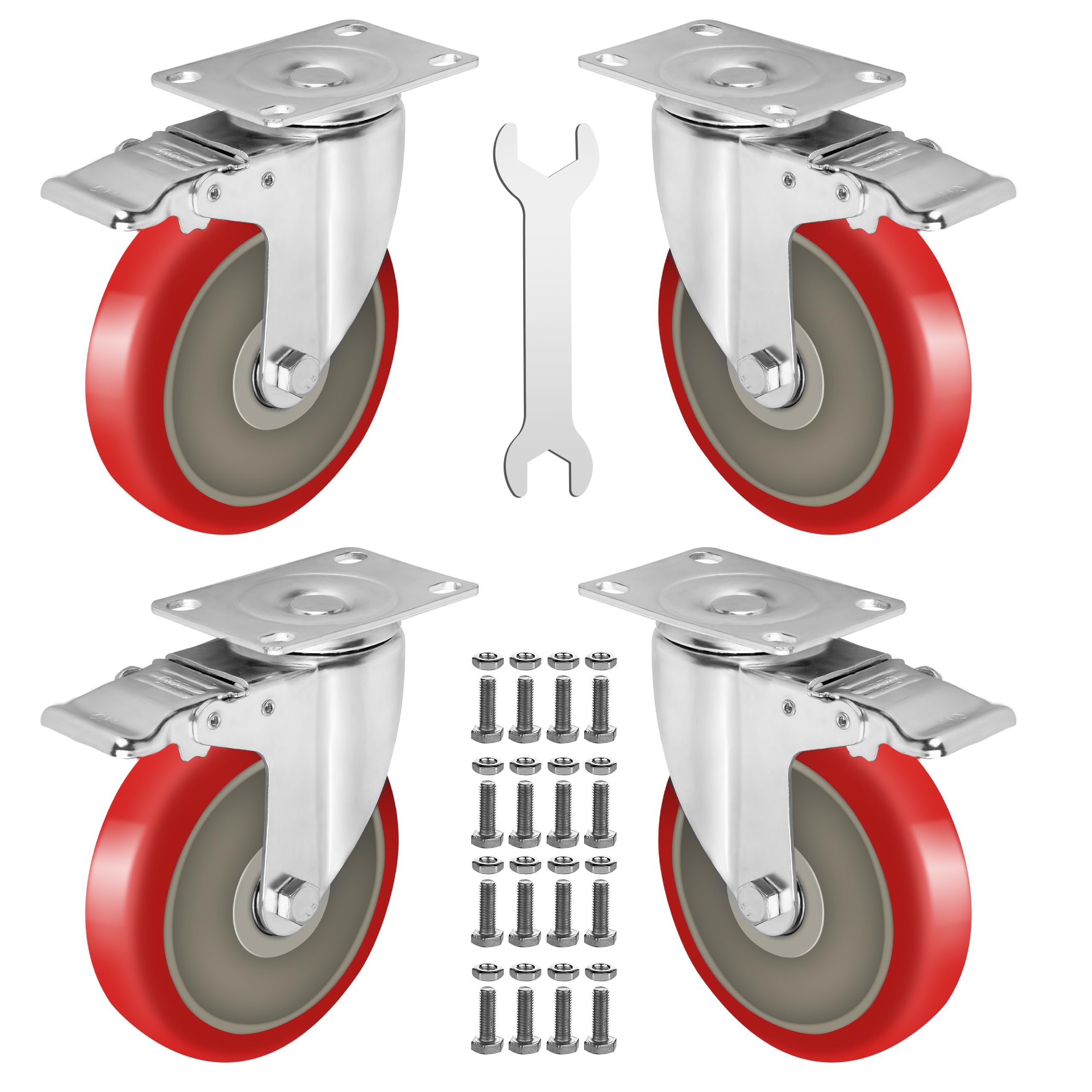 5 Inch Heavy Duty Casters With Brake - Set Of 4, 2400lb Capacity, Locking Swivel Plate Casters