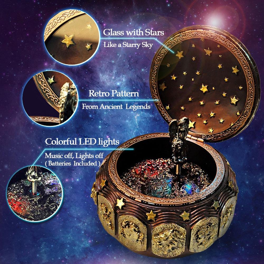 Vintage Music Box With Rotating Goddess & LED Lights - Zodiac Constellation Sankyo 18-Note Wind Up Musical Box