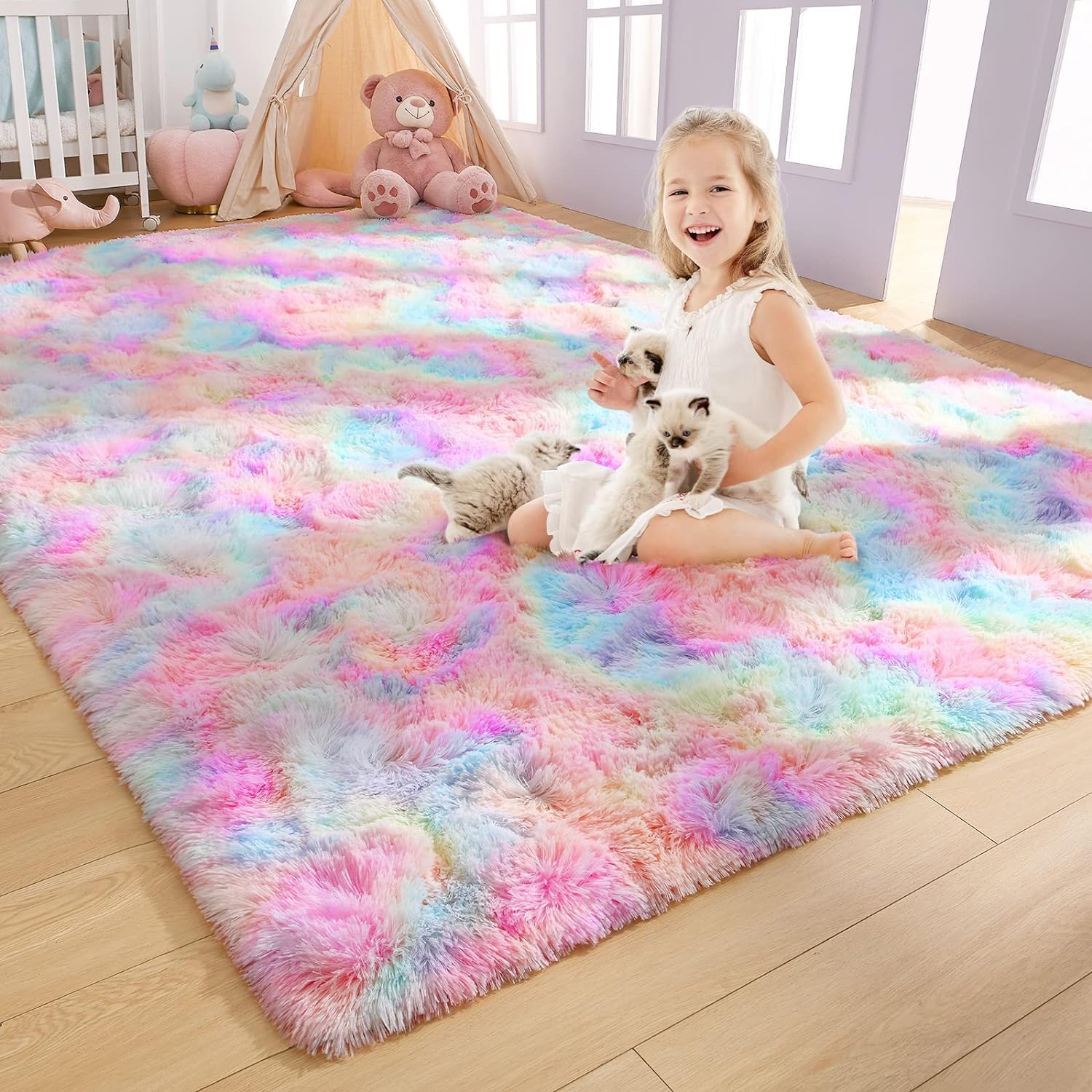 AROGAN 8x10 Feet Soft Rainbow Area Rugs for Kids Girls Room Fluffy Cute  Colorful Princess Carpet for Kids Teens Nursery Toddler, image size:1500x1500