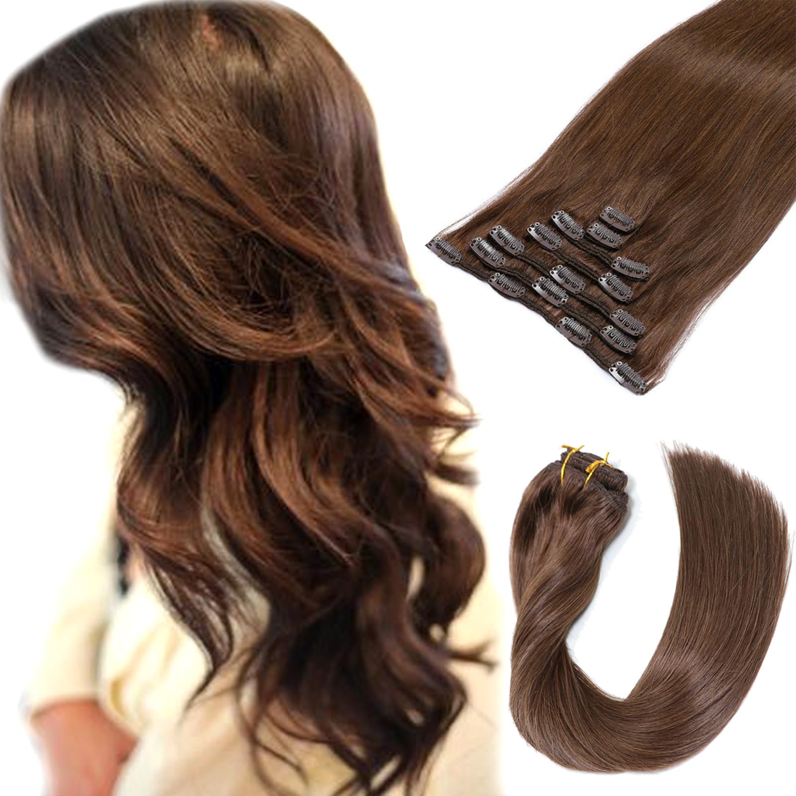 Human Hair Clip in Extensions 14 Inch Straight Chocolate Brown 7pcs 70g Aison Dark Brown Clip in Hair Extensions Real Human Hair 70G  main image 3