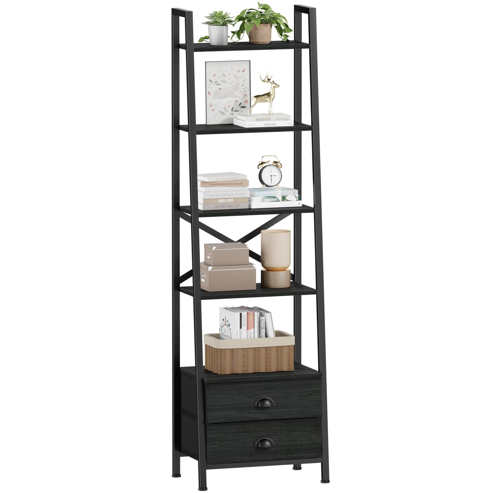 Furologee 5-Tier Ladder Shelf with 2 Drawers,Narrow Bookshelf Storage  Shelves,Industrial Bookcase Freestanding Shelf Units for B, image size:1600x1600