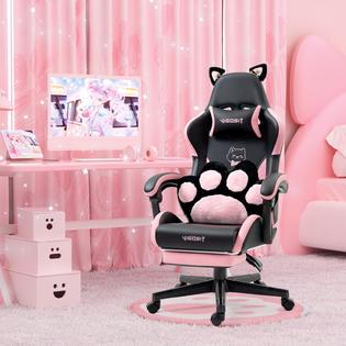 Vigosit Cute Gaming Chair with Cat Paw Lumbar Cushion and Cat Ears