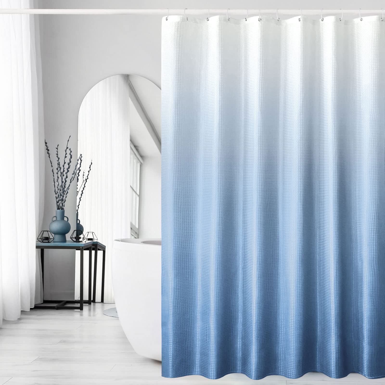 Gibelle Blue Shower Curtain for Bathroom Waffle Weave Textured Ombre Fabric  Shower Curtain Set with Hooks Water Repellent Mac, image size:1600x1600