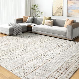 PADOOR 8x10 Non-Slip Geometric Area Rug - Machine Washable, Low Pile, Grey & White Pattern For Living Room, Bedroom, Dining Room