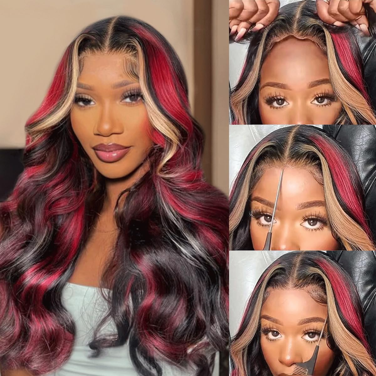 OmbreLacefront Black/Burgundy New Luxury long Wig Burgundy Highlight Ombre Lace Front Wig 200% Density 12A Red  main image 2