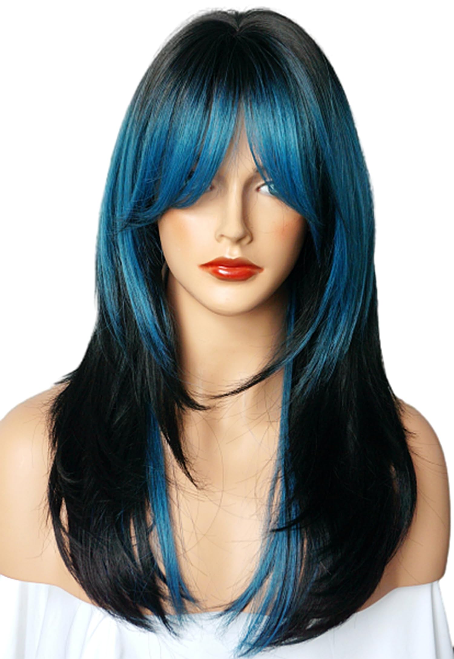 wigbuy Long Layered Shoulder Length Blue Black wig Synthetic  display picture 2
