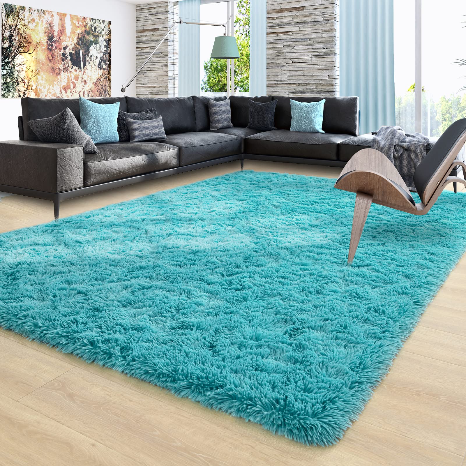 Ompaa Teal Blue 8x10 Feet Large Area Rugs Fluffy Living Room Carpet, Wall  to Wall Big Shag Turquoise Rug for Bedroom Kids Playro, image size:1600x1600