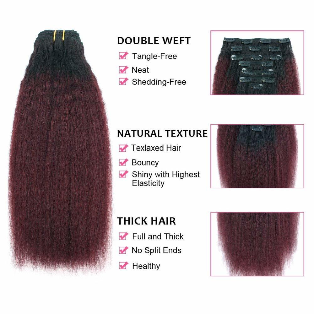 Amazingbeauty 8a Kinkys Straight Ombre Virgin Hair Clip On Extensions, Double Weft Real Remy Human Hair For Black Women