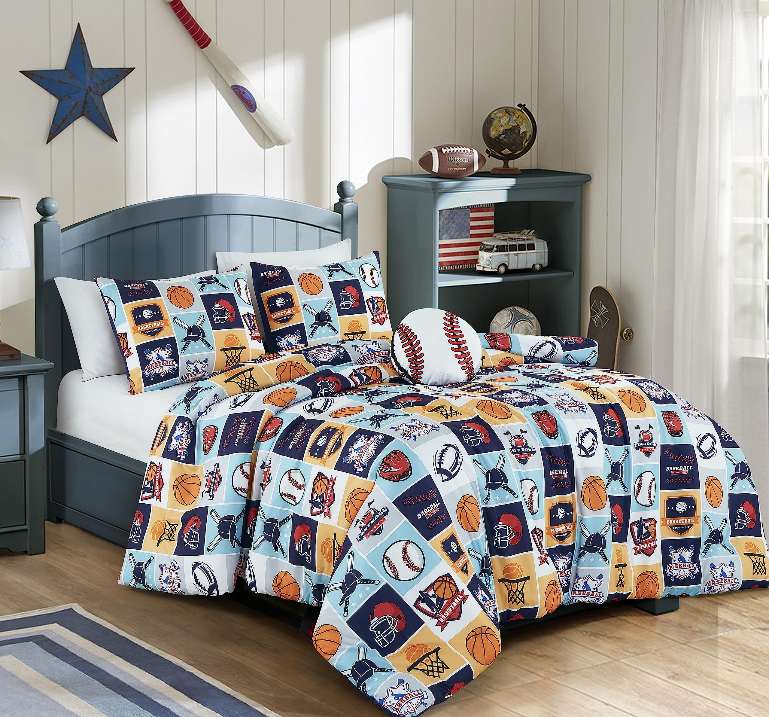 Chezmoi Collection 3-Piece Kids My Sports Bedding Comforter Set Twin Size -  Soft Microfiber Navy Blue Gray Orange White Printed, image size:2560x2386