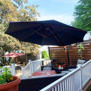 11 heavy duty wind resistant outdoor patio table umbrella POLYWOOD 9' Tilt Market Umbrella and Base in White / Natural