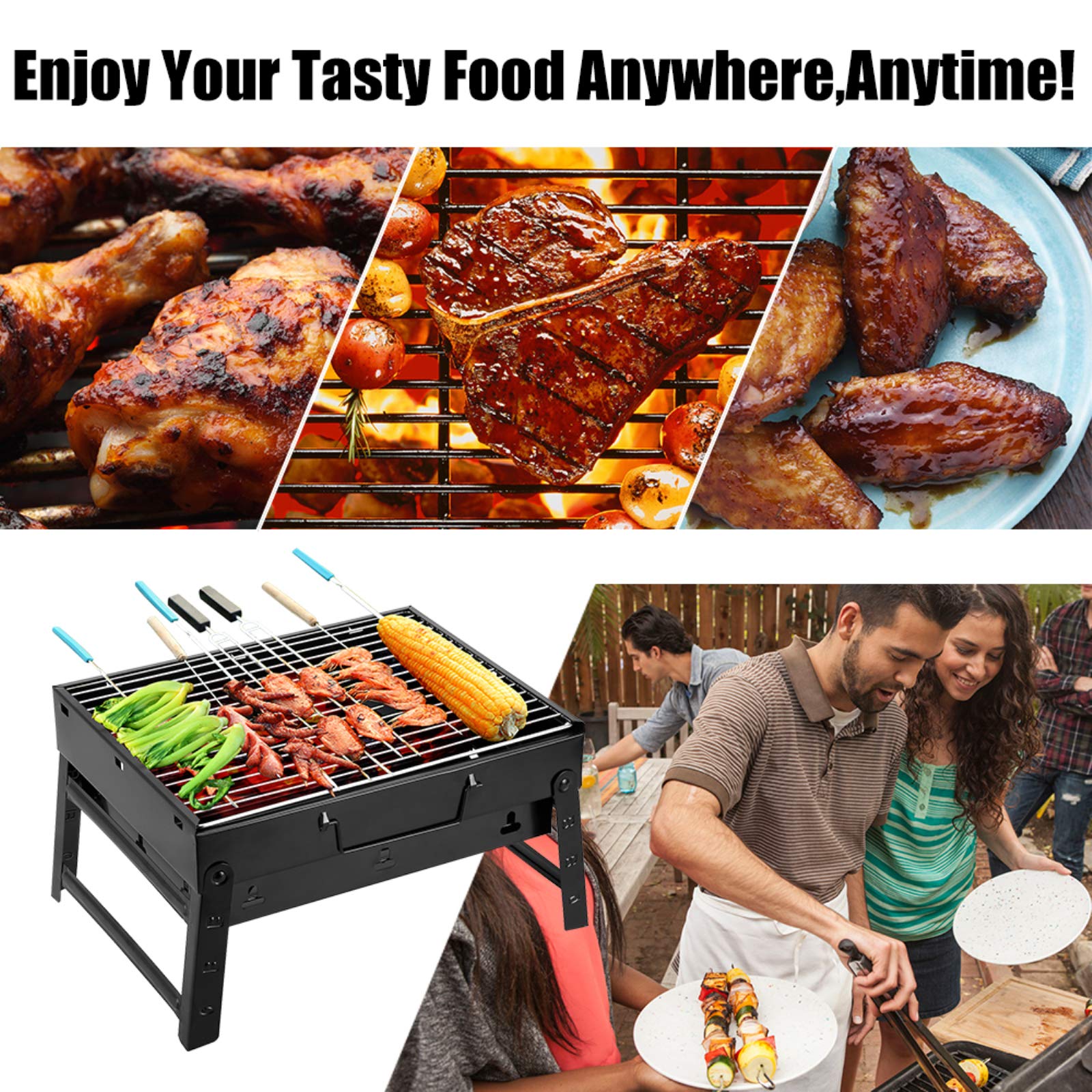 Collapsible Slot Grill For Camping - 16"x9" Stainless Steel Charcoal BBQ, Folds To 1" Thick, Includes Tools