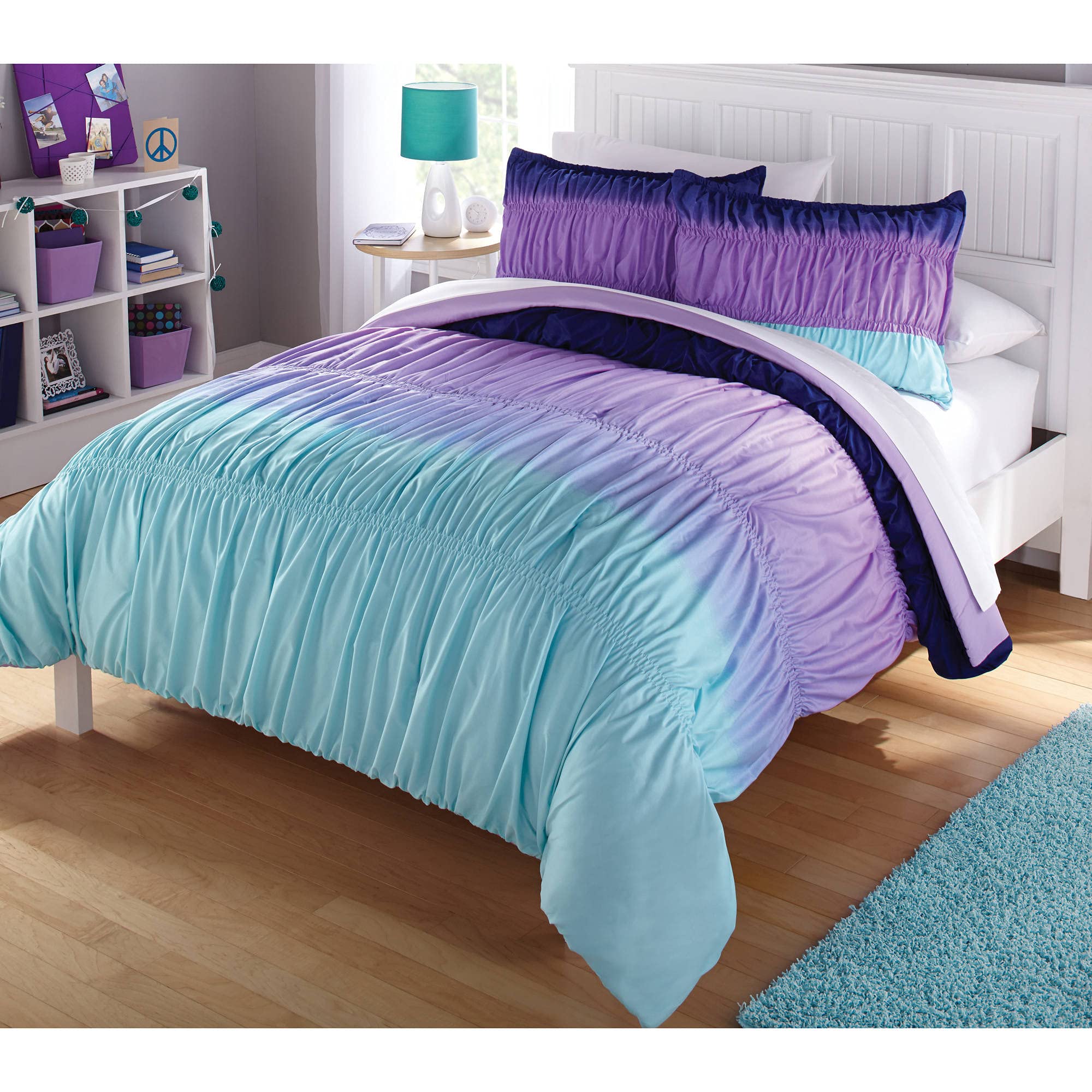 Heritage Kids Ombre Ruched 3 Piece Comforter Set, Full, Blue and Purple, image size:2000x2000