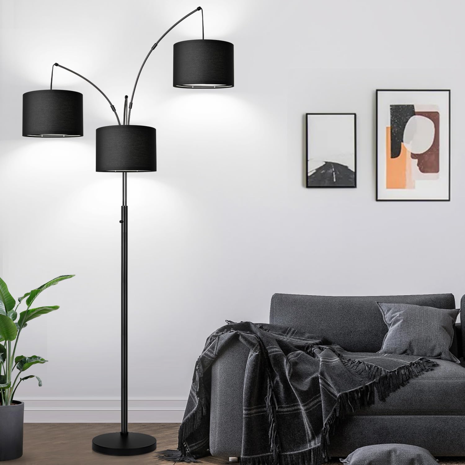 Nintiue Dimmable Floor Lamp - 3 Lights Arc Floor Lamps for Living Room  1000LM Modern Tall Standing Lamp With Black Shades \u0026 Heavy Base M, image size:1500x1500