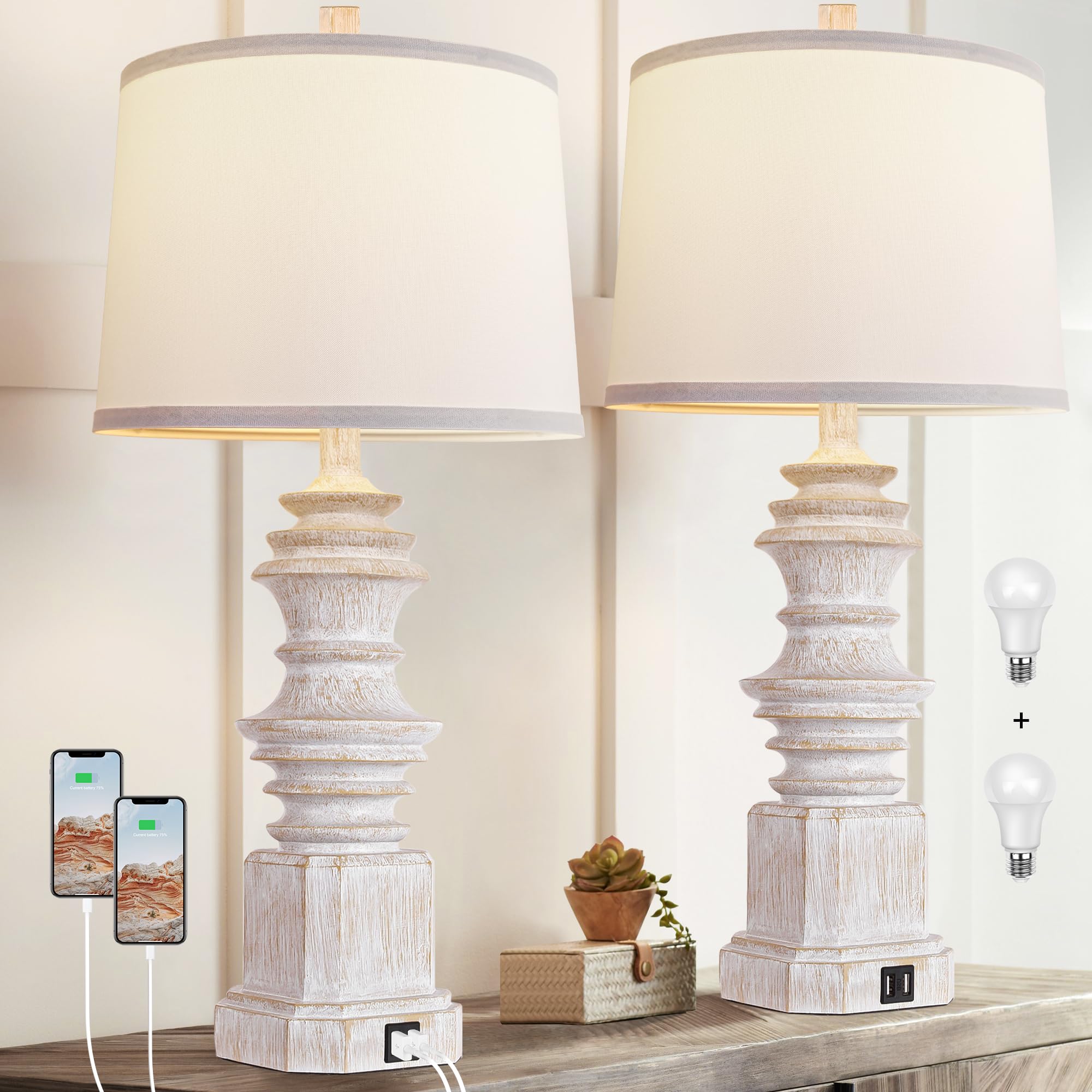 QiMH Table Lamps for Nightstand Set of Bedside Lamp with Dual