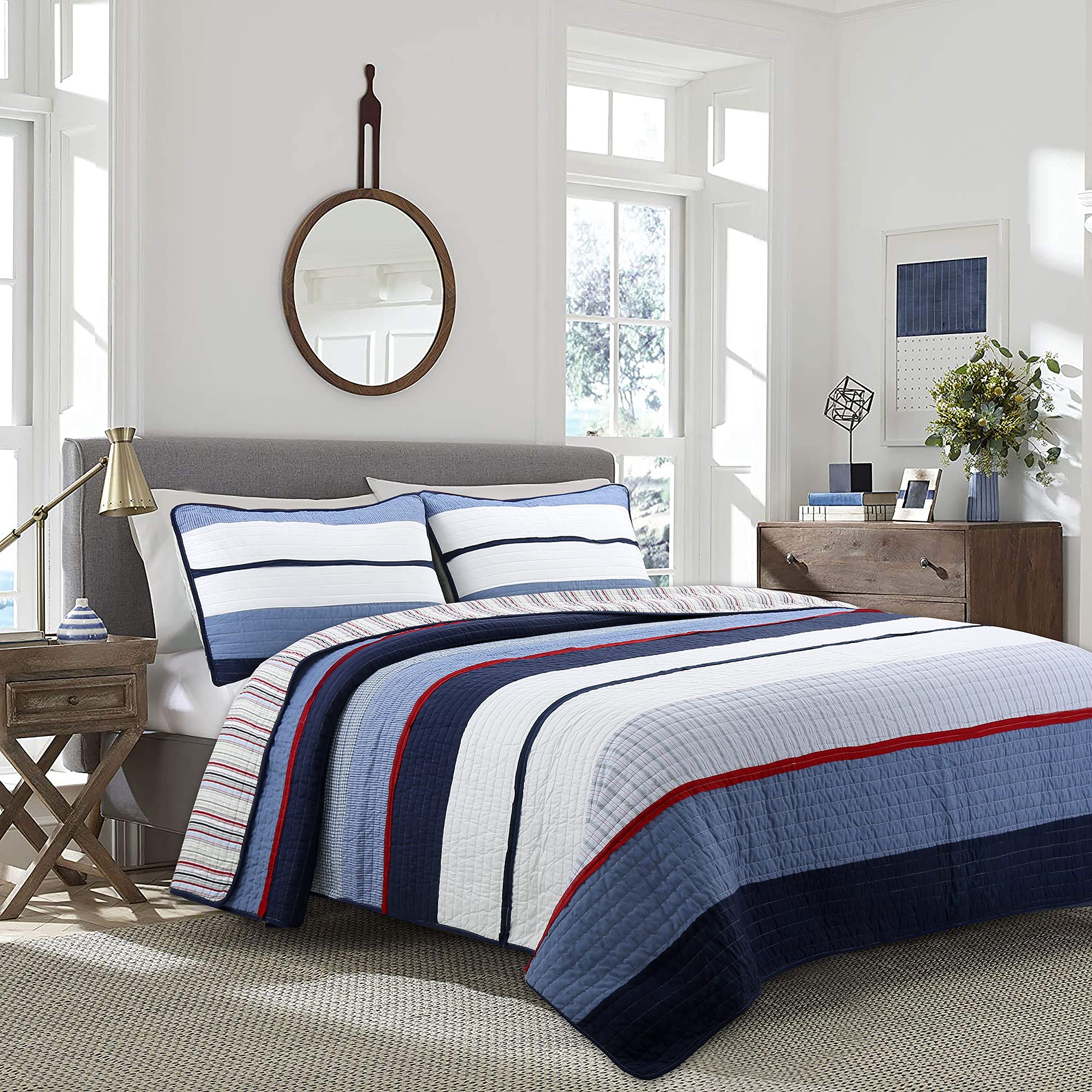 Cozy Line Home Fashions Set Biancheria Letto Queen 3 Pezzi – Trapunta 223,5x233,7 Cm, 2 Federe 50,8x66 Cm, Cotone Righe Blu Navy E Rosso - 3
