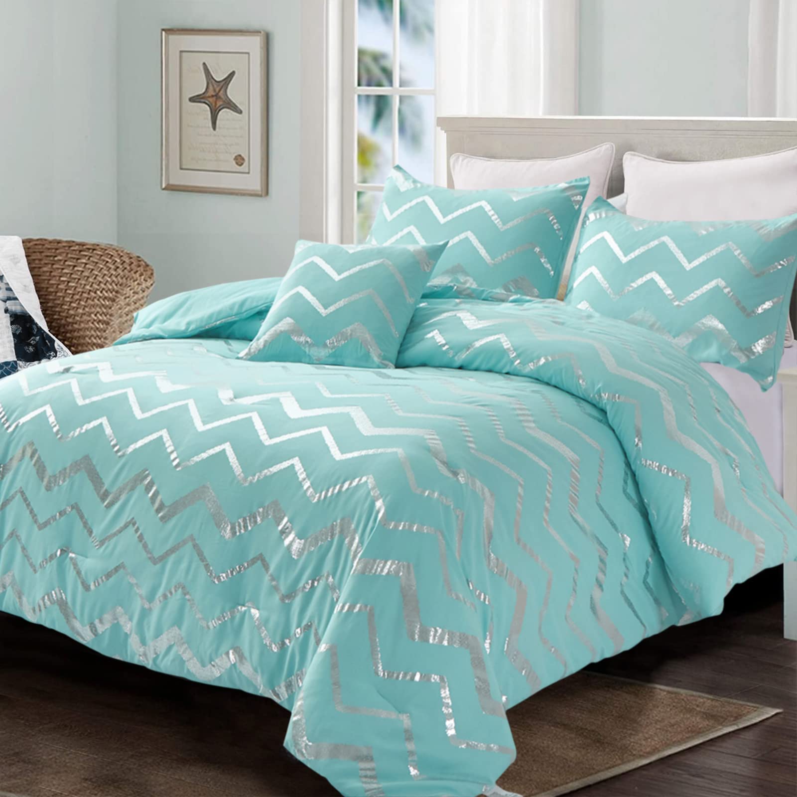 Menghomeus Aqua Comforter Set Queen Size Metallic Teal and Silver Bedding  Set 4 Piece Lightweight Microfiber Bed Set for Teen Gi, image size:1600x1600