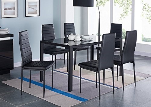 Modern Glass Dining Table Set, Glass Dining Table Set And 6 Black Chairs