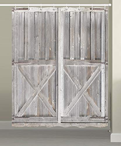 Jawo Rustic Wooden Barn Door Decor, Fabric Shower Curtain Stall Size