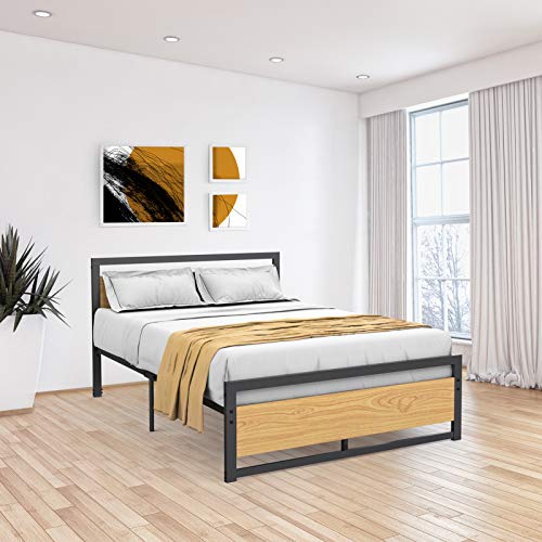 Idealhouse Metal And Wood Bed Frame, Full Size Wooden Bed Frame With Headboard And Footboard