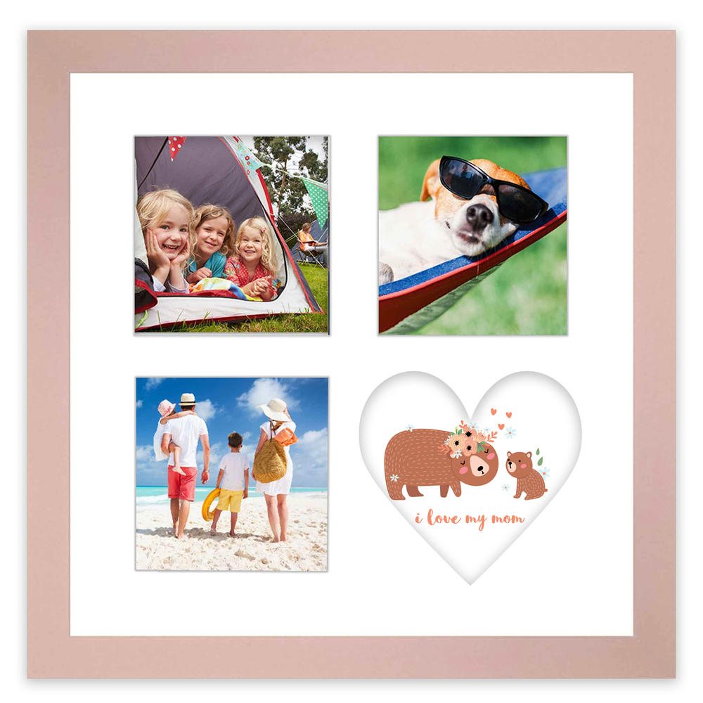 CustomPictureFrames.com Picture Frame Gift for Mom - Baby and Mother Bear Art Print with 3 Photo Openings for 4x4 Photos - Rose Gold Wood Photo Frame