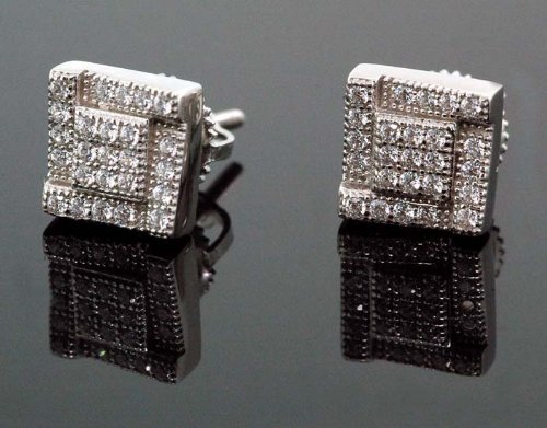 IcedTime .925 Sterling Silver White Square White Crystal Micro Pave Unisex Mens Stud Earrings
